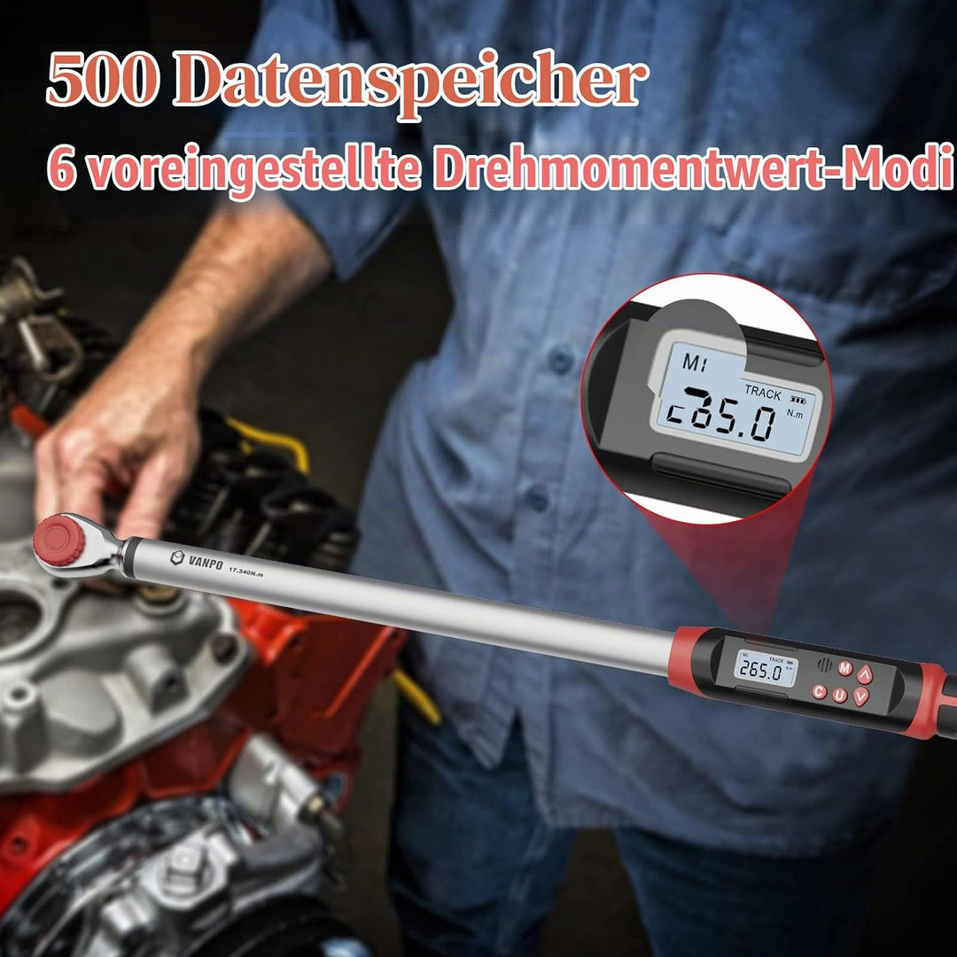 VANPO Digitaler Drehmomentschlüssel 1/2 Zoll Auto&amp; Motorrad, 17-340 Nm Drehmomentschlüssel Set mit v