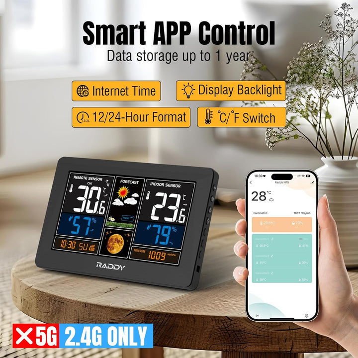 Raddy N75 Wi-Fi Wetterstation mit Aussensensor, 7,5" Funk-Wetterstation, Innen und Aussen Wettervorh