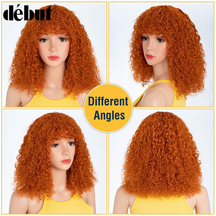 DÉBUT Echthaar Perücke mit Pony Kurze lockige Bob Perücke Echthaar Jerry Curl Bob Perücke für schwar