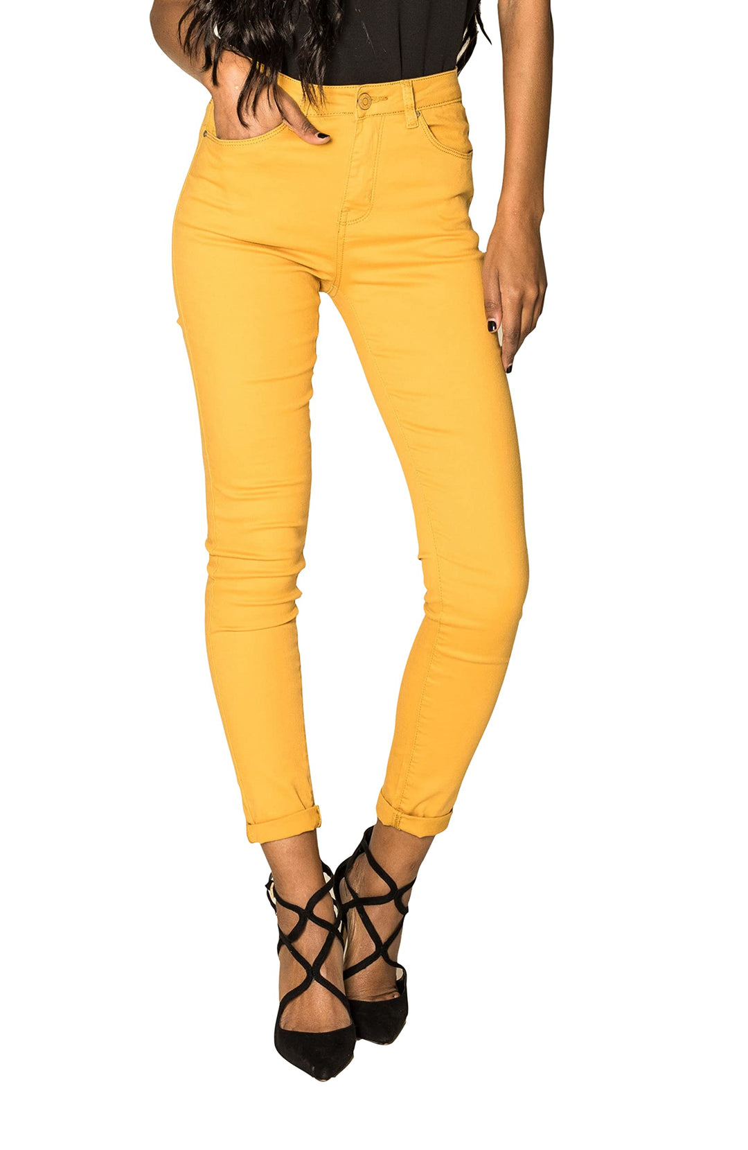 Nina Carter P109 Damen Skinny Fit Jeans High Waist Slim Hose Figurbetonte Stretch Jeanshose XS (Senf