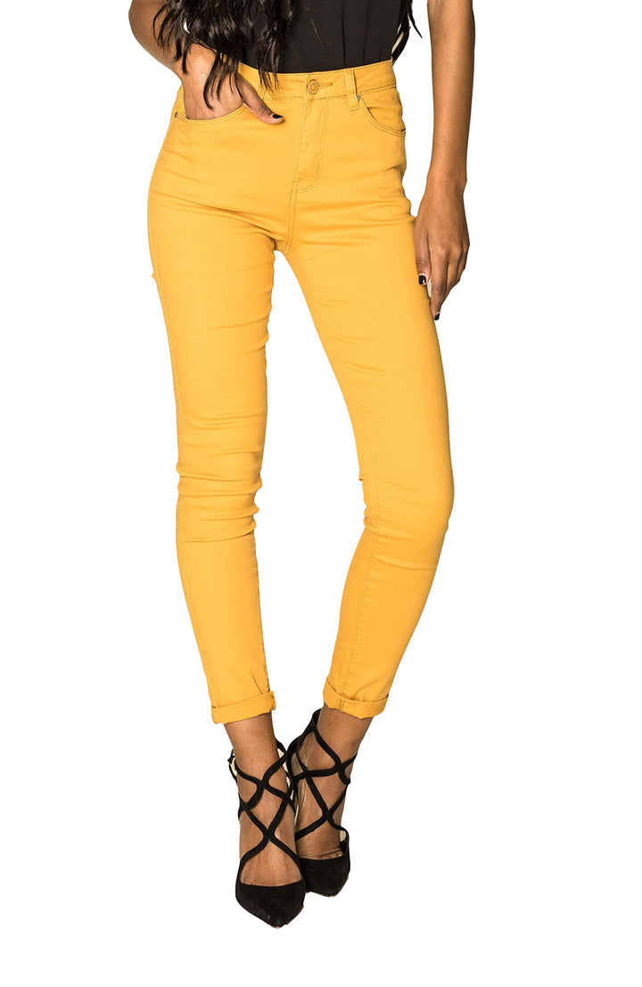 Nina Carter P109 Damen Skinny Fit Jeans High Waist Slim Hose Figurbetonte Stretch Jeanshose XS (Senf