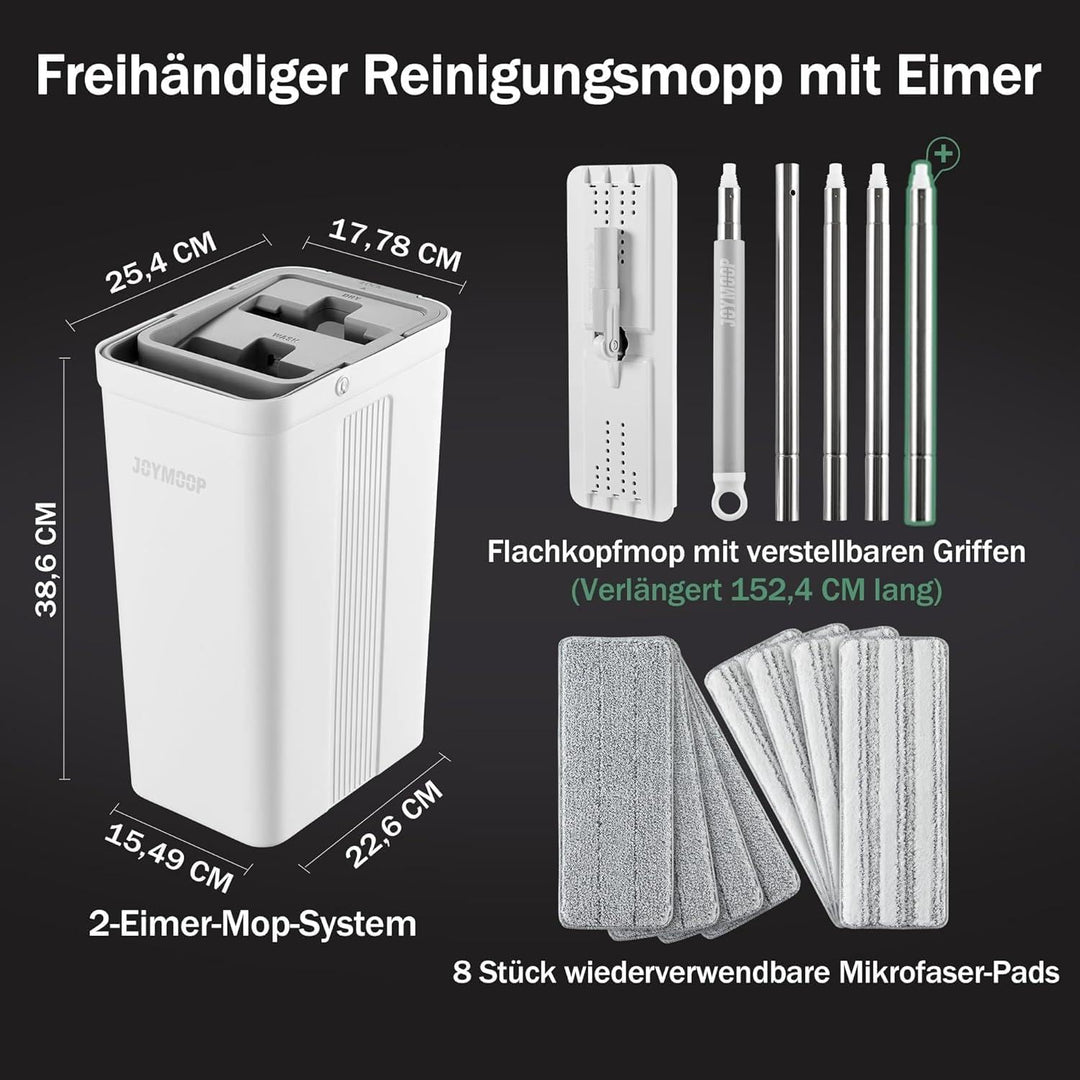 JOYMOOP Wischmopp und Eimer mit Auswringer-Set, Flacher Bodenwischer und Eimer, mit 8 Mikrofaser-Pad