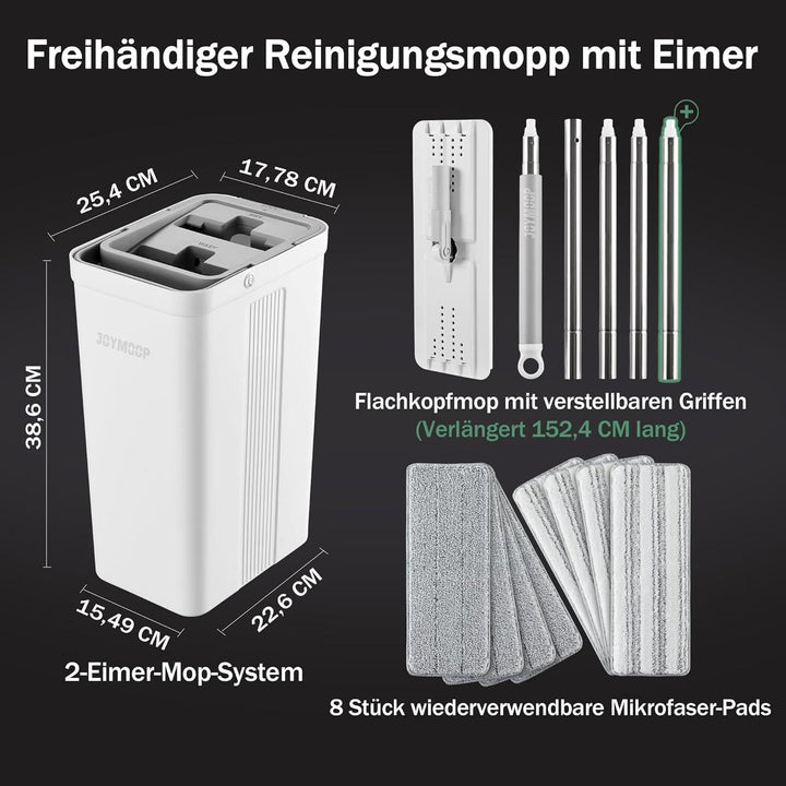 JOYMOOP Wischmopp und Eimer mit Auswringer-Set, Flacher Bodenwischer und Eimer, mit 8 Mikrofaser-Pad