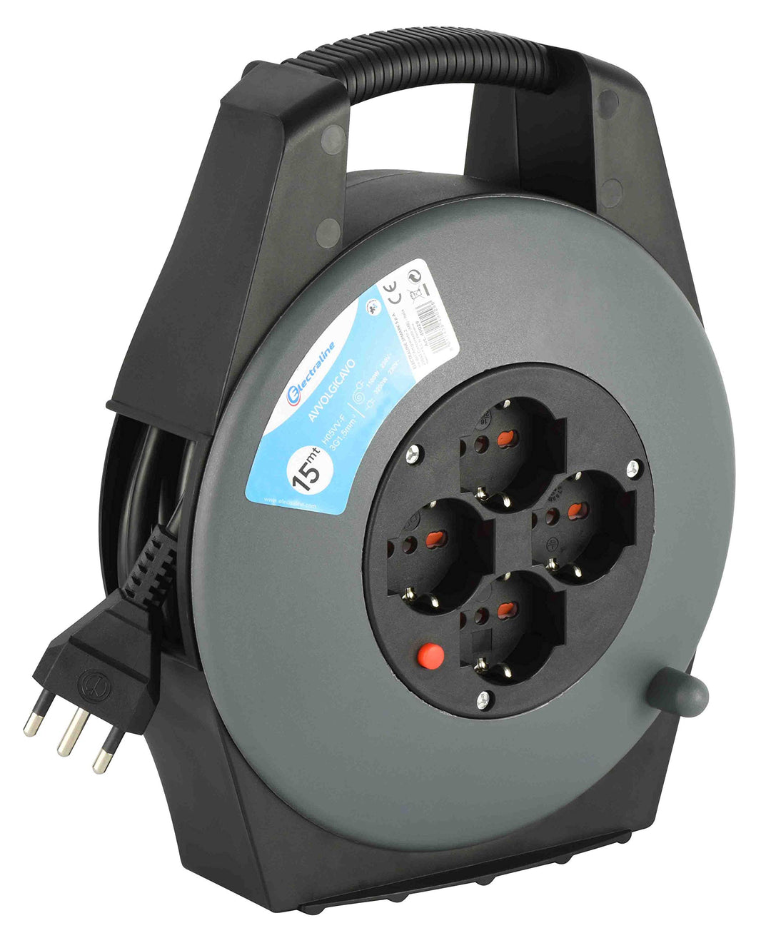 Electraline 49029 Kabeltrommel, 4 Universalsteckdosen, 15 Meter, Grau/Blau 15 Metri Einziehbar, 15 M
