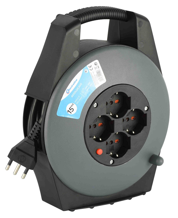 Electraline 49029 Kabeltrommel, 4 Universalsteckdosen, 15 Meter, Grau/Blau 15 Metri Einziehbar, 15 M