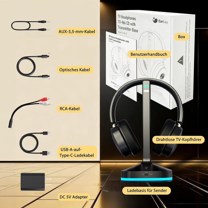 Funkkopfhörer für Fernseher, TV kopfhörer kabellos für Senioren mit Sender-Ladestation Plug-and-play