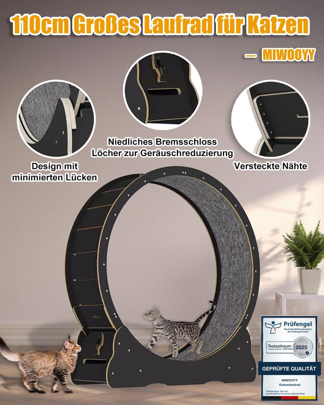 Grosses Katzen-Laufrad 110cm – schwarzes Massivholz-Katzenrad-Trainingsgerät für Indoor-Katzen, Sich