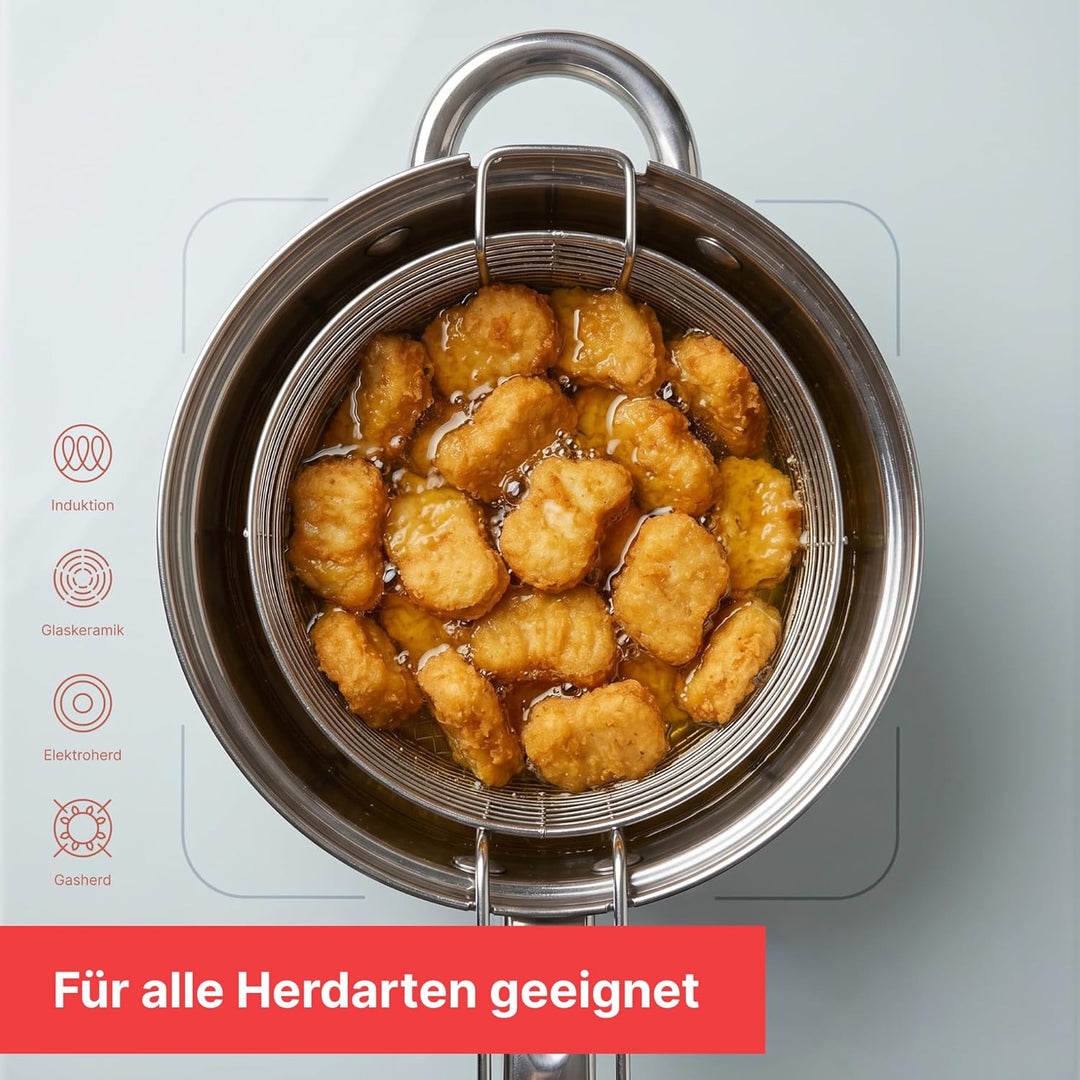 Frittiertopf 3,5 L Edelstahl Fritteuse mit Frittierkorb und Glasdeckel Pommestopf für alle Herdarten