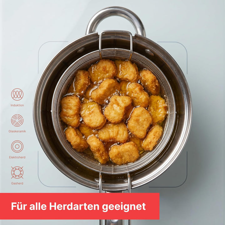 Frittiertopf 3,5 L Edelstahl Fritteuse mit Frittierkorb und Glasdeckel Pommestopf für alle Herdarten