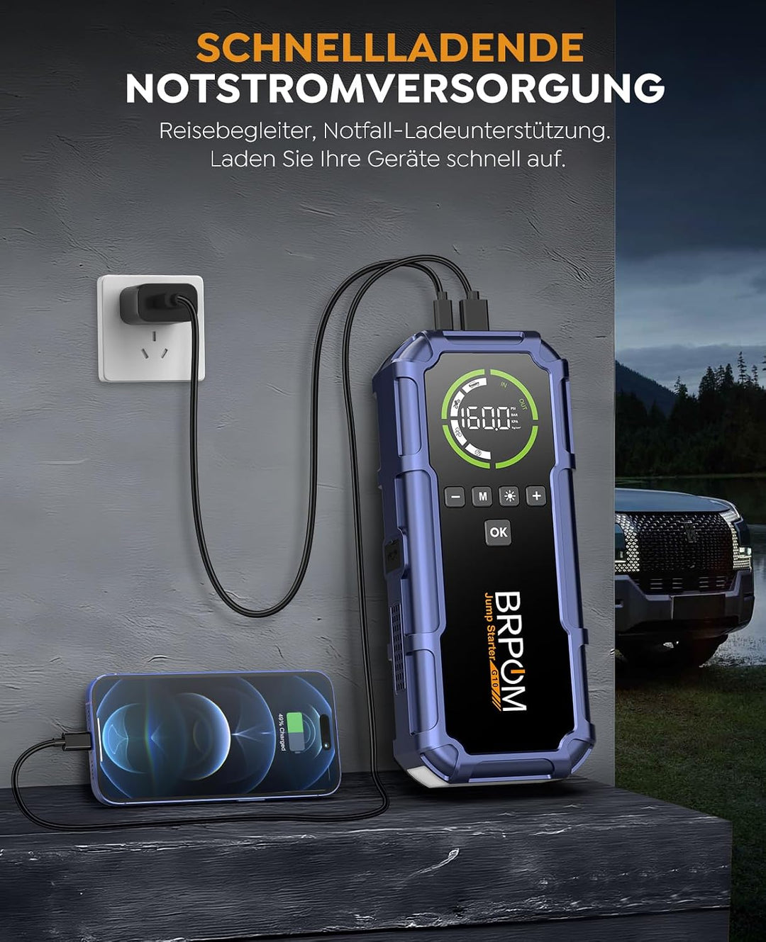 BRPOM Starthilfe Powerbank für Pkw mit Kompressor 160PSI,8000A Auto Starthilfe Powerbank für All Ben