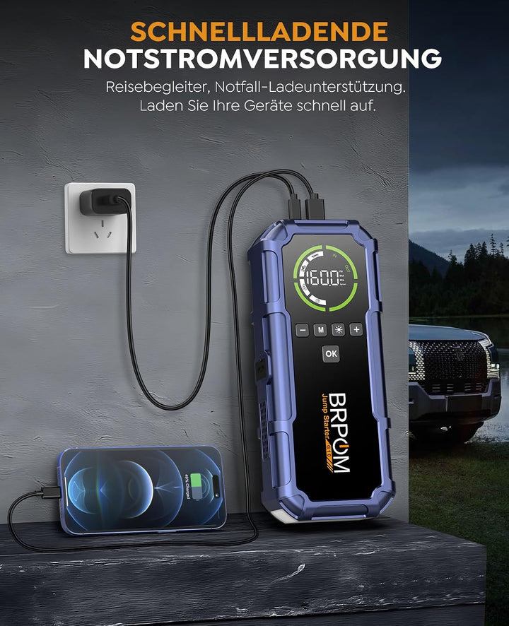BRPOM Starthilfe Powerbank für Pkw mit Kompressor 160PSI,8000A Auto Starthilfe Powerbank für All Ben