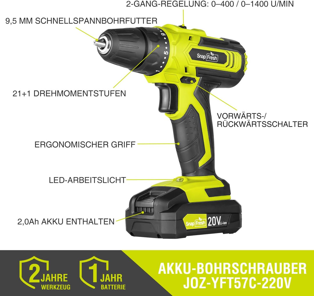 SnapFresh Akku-Bohrschrauber Set 20V – Nur 0,8kg, 35N·m Drehmoment, 2-Gang, LED-Licht, 43tlg Zubehör