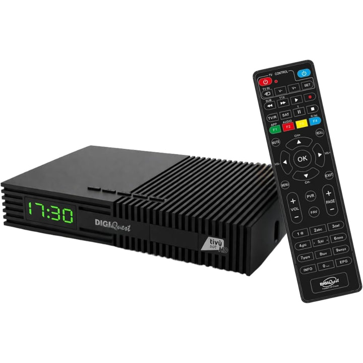 Digiquest Tivùsat Ti9 DVB-S2 Decoder mit Fernbedienung 2 in 1, schwarz, inklusive Tivusat-Karte, Auf