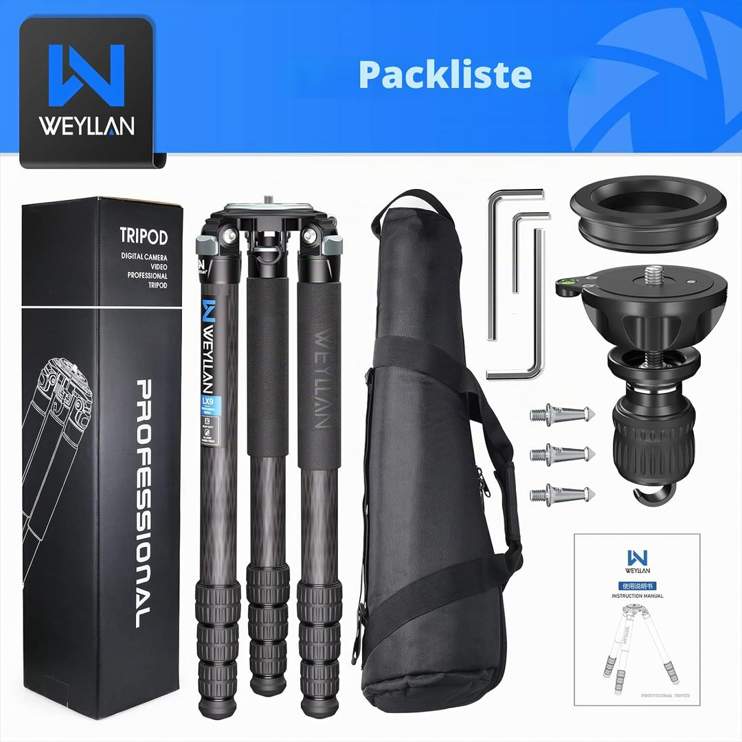 WEYLLAN Carbon Fiber Stativ 160cm, Tripod Carbon Fiber, Reisestativ aus Kohlefaser, Kamera Stativ Mi