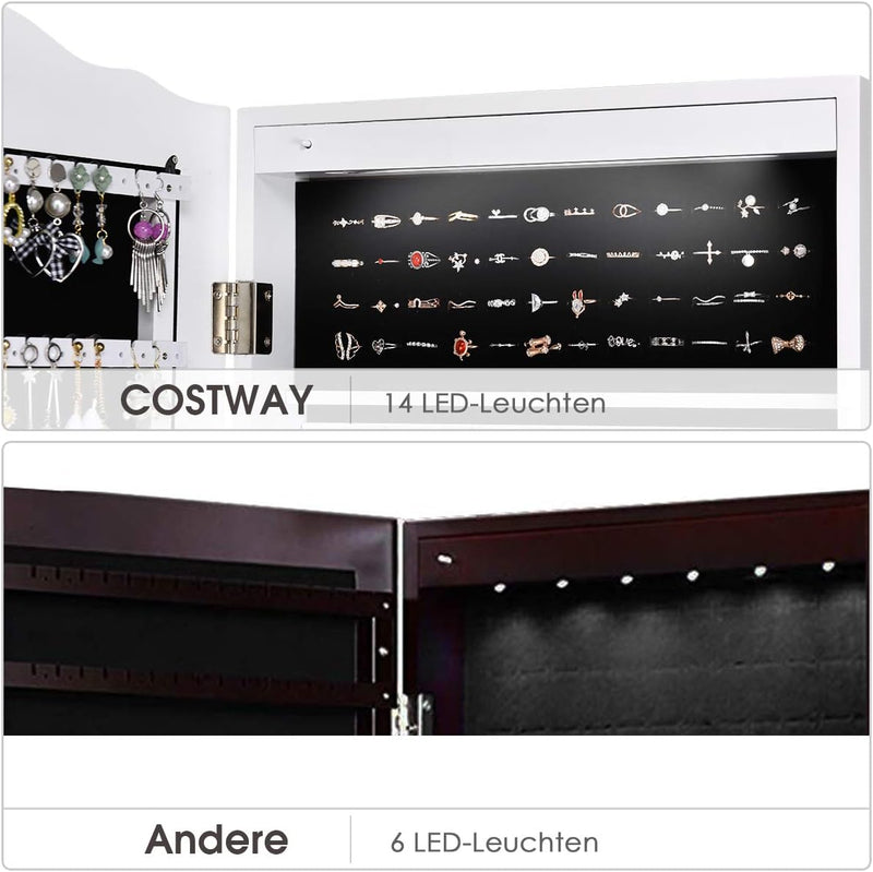 COSTWAY Schmuckschrank mit 14 LED Leuchten, Schmuckregal mit Ganzkörperspiegel abschliessbar, Schmuc