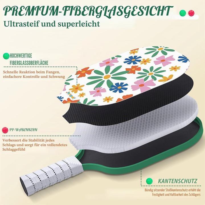 JOY SPOT! Pickleball Schläger 2 Set, Leichter Pickleball Schläger mit Fiberglas-Oberfläche, 4 Bälle