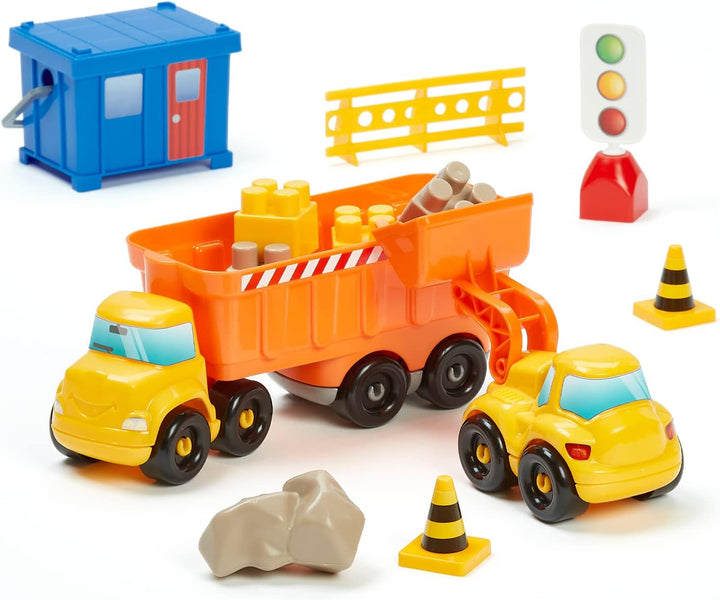 Ecoiffier – Abrick Baustellen Spielset – mit Kran, Baustellenfahrzeugen, LKW, Bausteinen, Schildern,