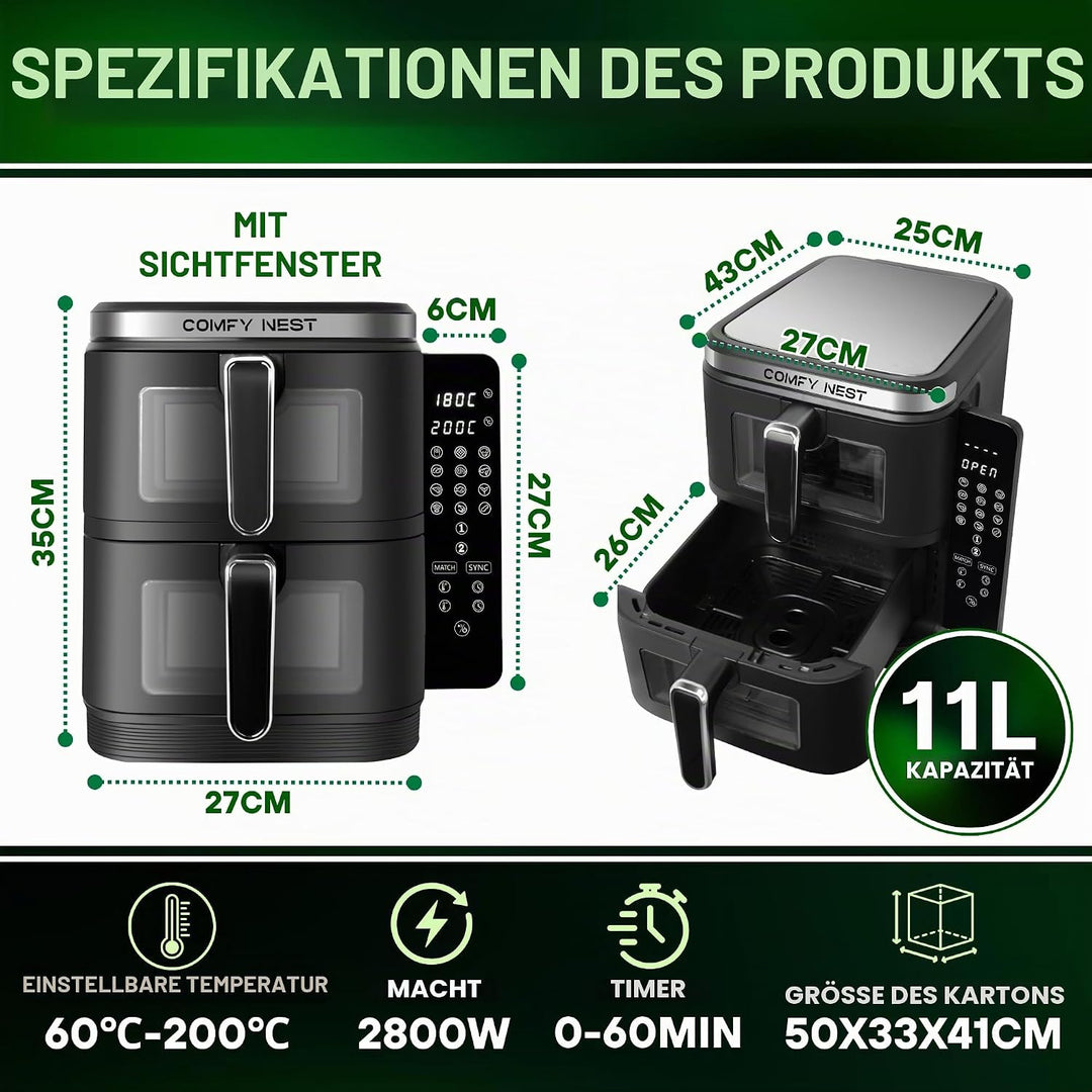 Comfy Nest, 11-Liter-Doppelkorb-Luftfritteuse mit 12 Kochprogrammen, Heissluftfritteuse, schneller L