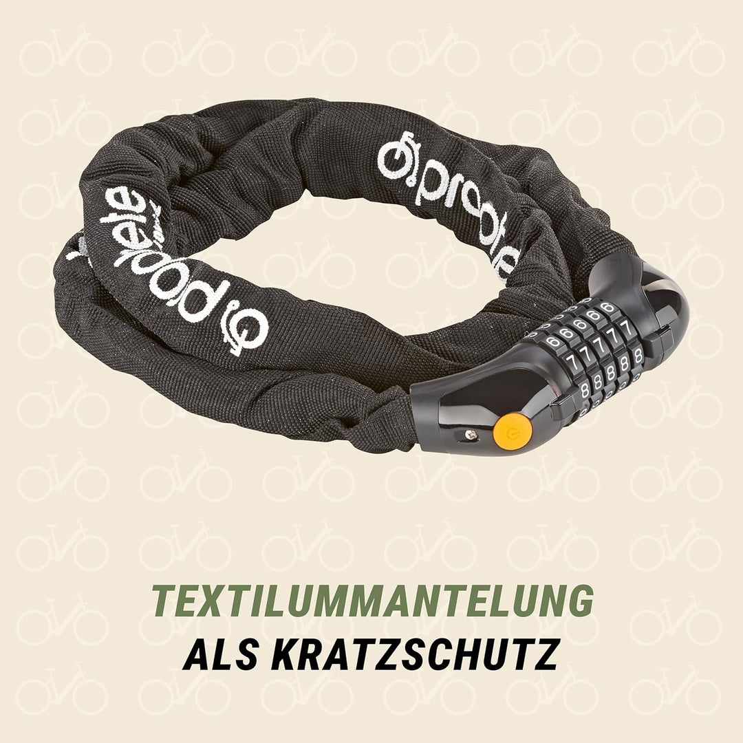 Prophete Fahrradschloss, Zahlen-Kettenschloss, 5-facher Code, Länge 120 cm, Farbe schwarz