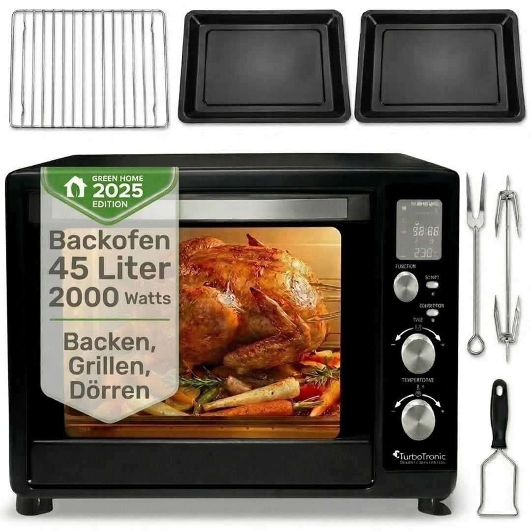 TurboTronic digitaler Minibackofen 45l schwarz 2000W, Drehspiess, 2 Backbleche, Timer, Dörrer, Dörrg