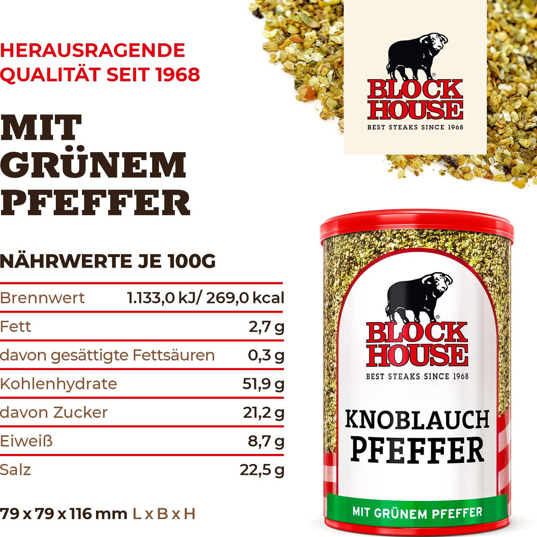 Block House Knoblauchpfeffer mit weissem Pfeffer 3x 200g - Gewürzmischung in Restaurantqualität