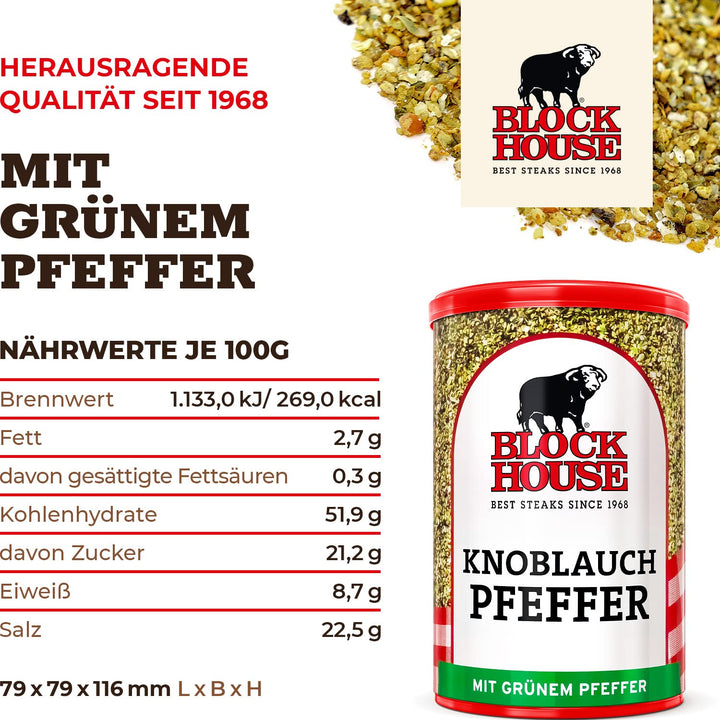 Block House Knoblauchpfeffer mit weissem Pfeffer 3x 200g - Gewürzmischung in Restaurantqualität