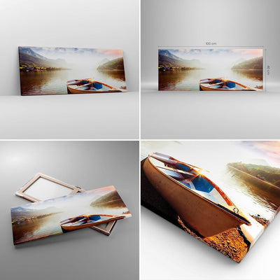 Panorama Bilder auf Leinwand 100x40cm Leinwandbild mit Rahmen Berge See Boot Gross Wanddeko Bild Sch