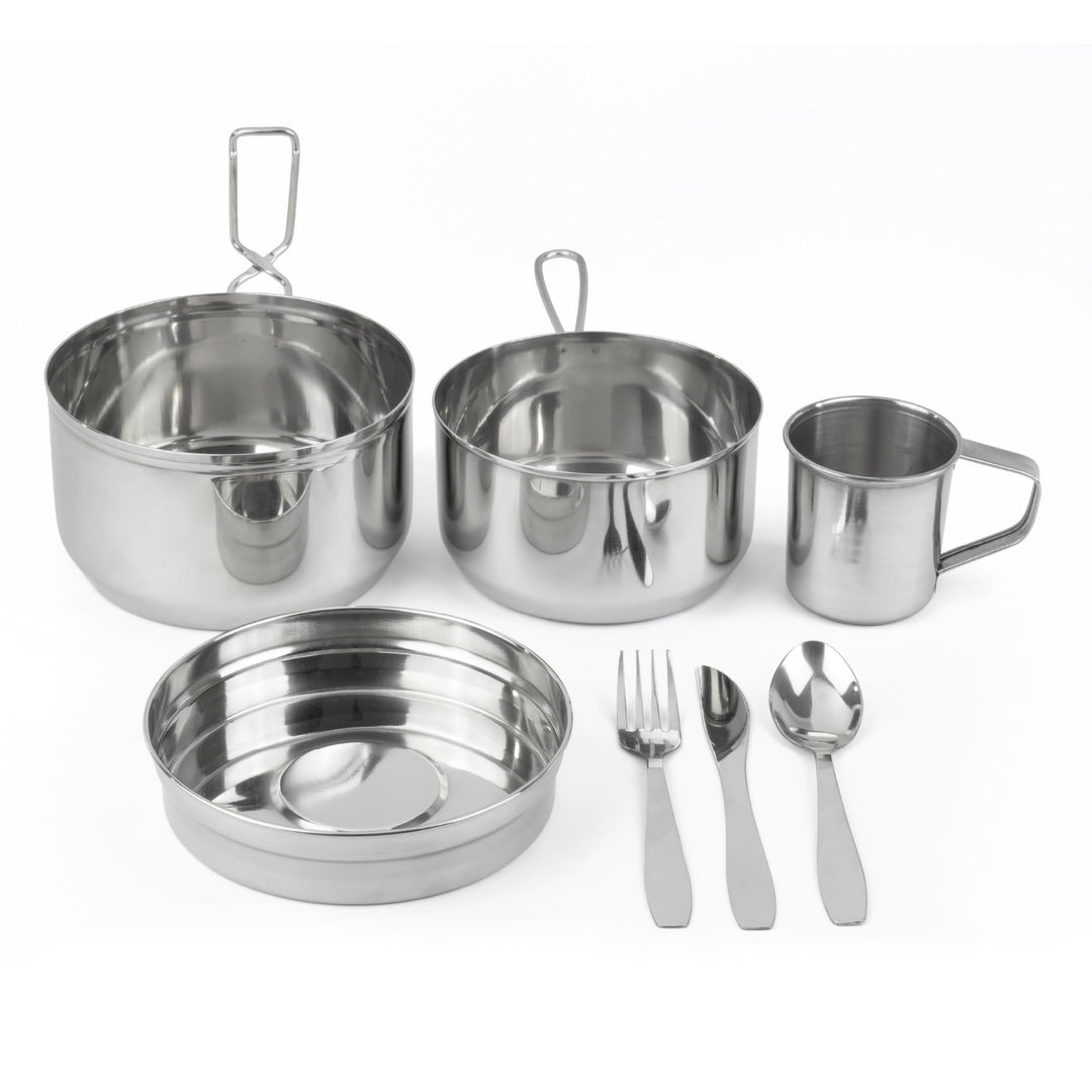 Moritz Camping Kochgeschirr Set 7-teilig Edelstahl - Topf Becher Besteck | Für 1-2 Personen, stapelb