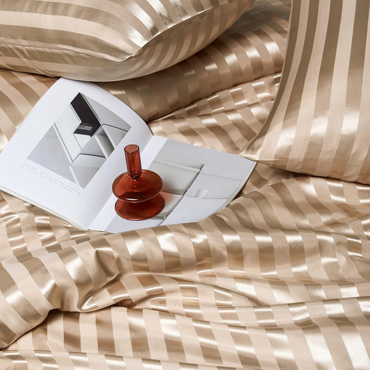 Damier Bettwäsche 200x200 Beige Satin Seidig Bettwäsche Set 3 teilig Luxus Glanzsatin gestreift Bett