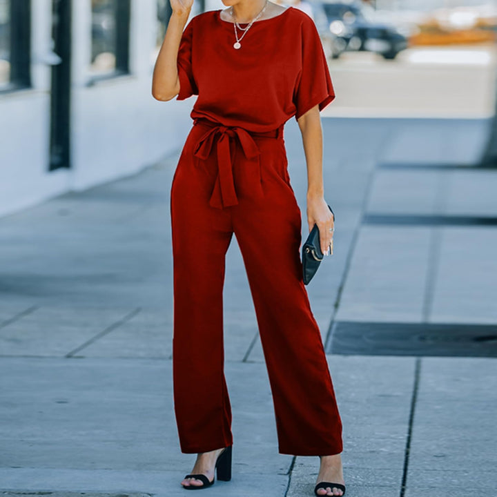 Coloody Damen Lang Jumpsuit Elegant Sommer Kurzarm V-Ausschnitt Overall Hosenanzug Romper Weites Bei