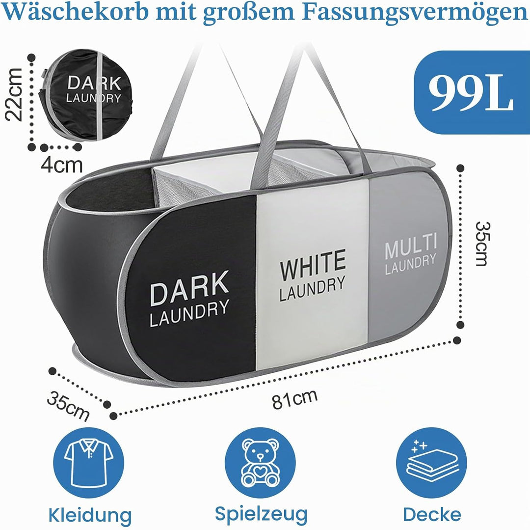 Yiomxhi Faltbar Wäschekorb mit 3 Fächer, 99L Pop Up Wäschesammler mit Henkel, Wäschetasche Gross Kla