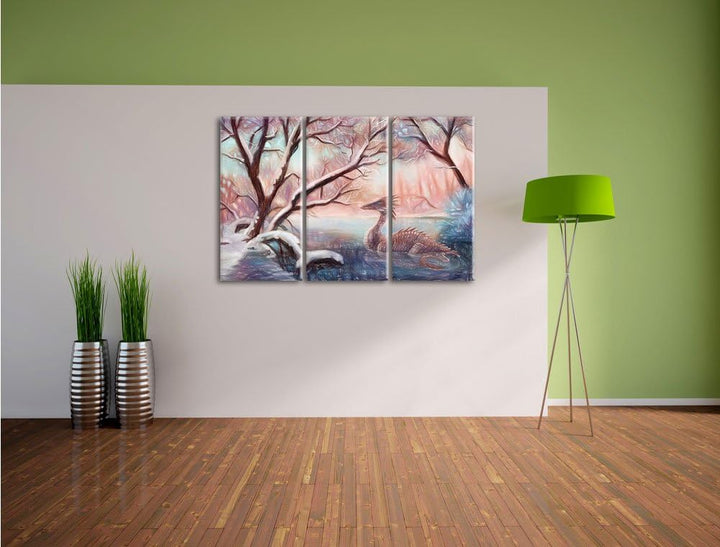 Pixxprint Drache im Wald als Leinwandbild/Grösse: 3 Teilig (120x80 cm) cm/Wandbild/Kunstdruck/fertig