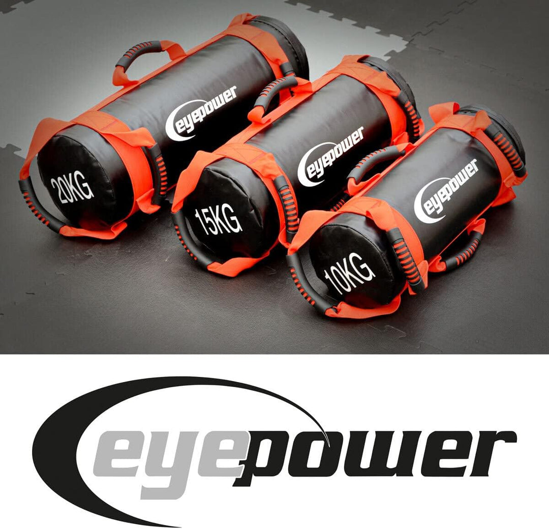 eyepower 20kg Profi Power Bag + 4 Wasserdichte Kettlebell Gewichte mit Eisensand - Besser als Geräte