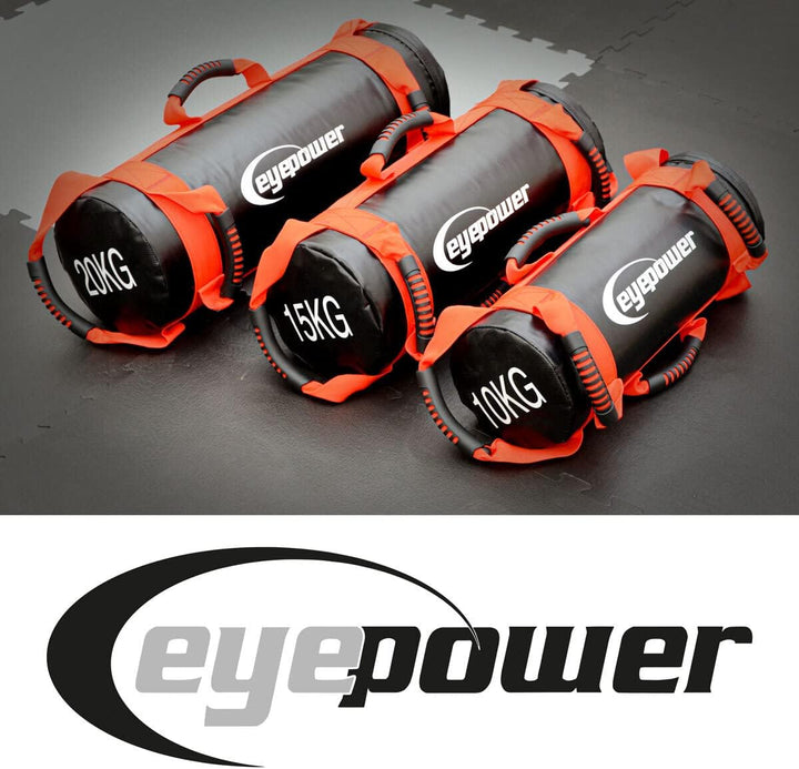 eyepower 20kg Profi Power Bag + 4 Wasserdichte Kettlebell Gewichte mit Eisensand - Besser als Geräte