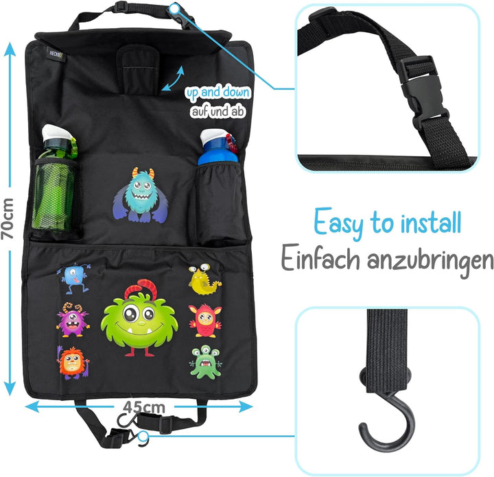 HECKBO 2x Kinder Auto Organizer mit verstellbarer Tablet Tasche mit Touch Folie für bis 20" – Monste