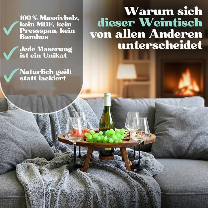 Weintisch Akazie Massivholz für 4 Personen - Weinbar & Weintablett für Zuhause oder Outdoor - auch a