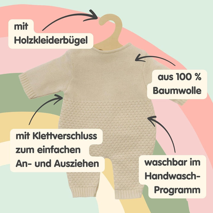 Heless 1480 - Puppenkleidung aus 100 Prozent Bio-Baumwolle, Strickstrampler in Ecru für Puppen und K