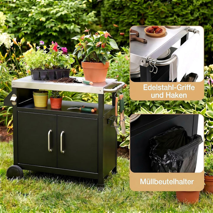 TLSUNNY Grilltisch Outdoor, Grillwagen mit Edelstahl Tischplatte 75x50 cm, Grill Trolley mit Untersc