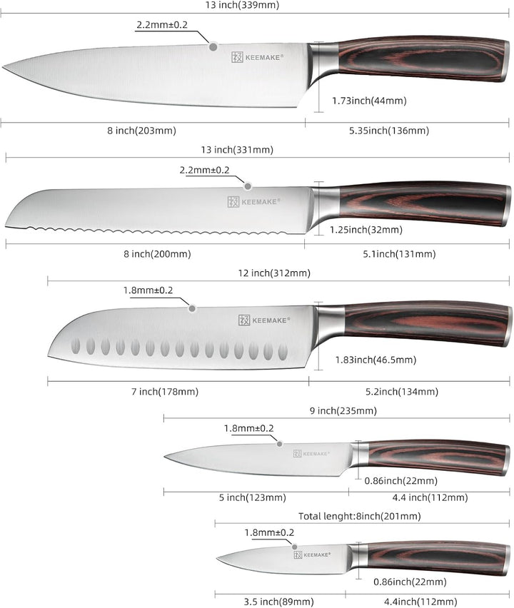 KEEMAKE Messer Set 5 Teilig, Küchenmesser Set Scharfe Messerset Edelstahl, Profi Kochmesser Set mit