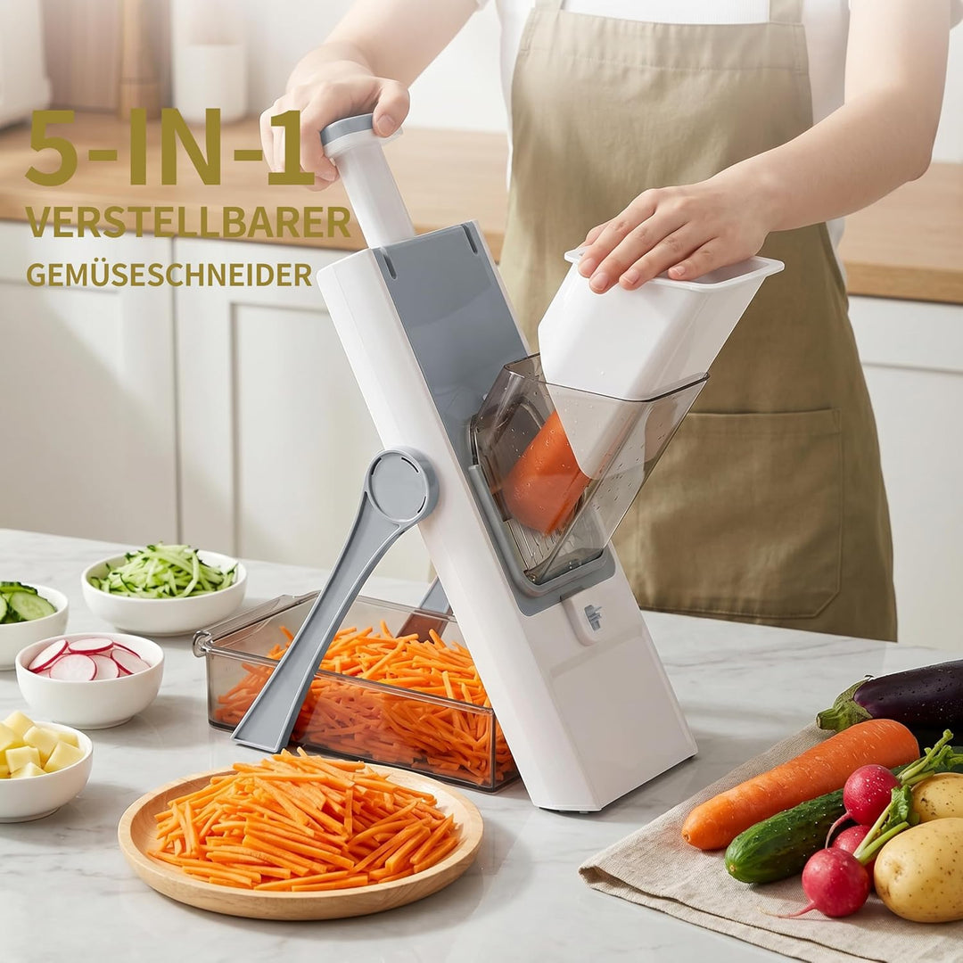 Sichere Mandoline 5 in 1, Gemüseschneider & Kartoffelschneider mit abnehmbaren Klingen | Erzeugt Sch