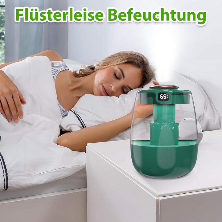 Luftbefeuchter, 1L Leise Humidifier mit 2 Loch, Luftbefeuchter mit leiser USB-Digitalanzeige, 2 Nebe