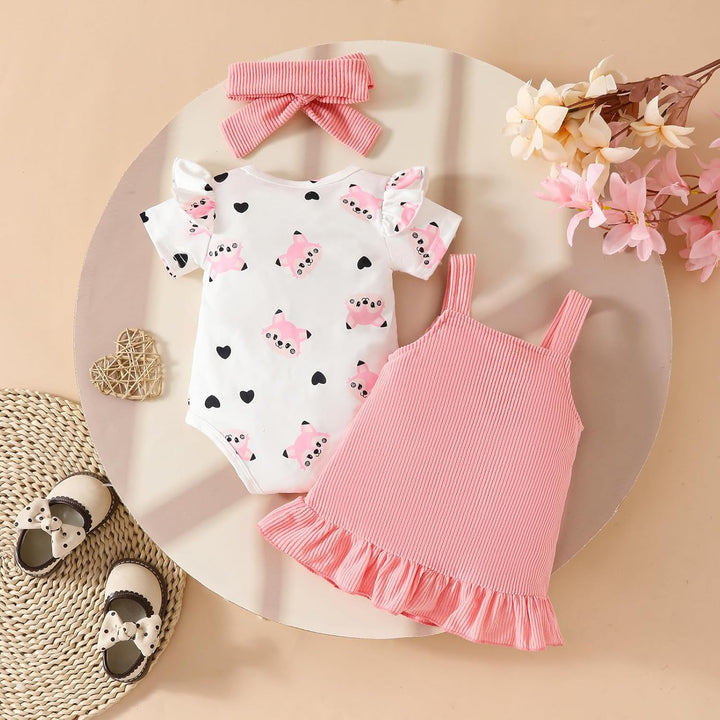 Baby Outfits für Mädchen mit Herz Print kurzärmelig Strampler Hosenträgerrock Bären Kleid Schleife S