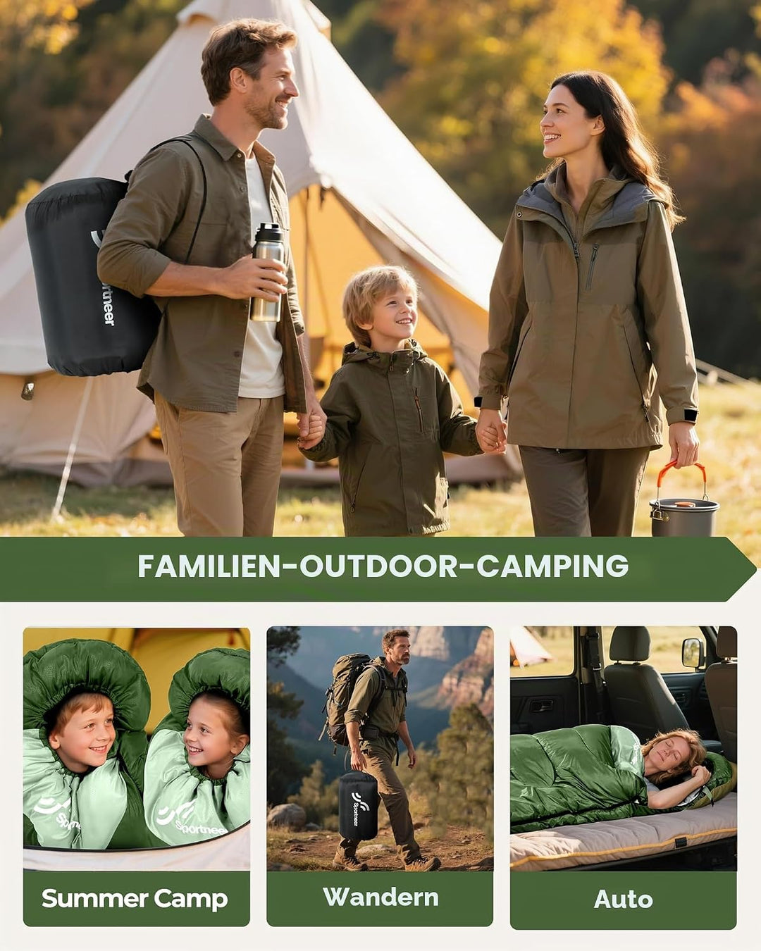 Sportneer Schlafsack Outdoor，Schlafsack 3-4 Jahreszeiten für Erwachsene &amp; Kinder – Warm, Leicht &amp; Tr