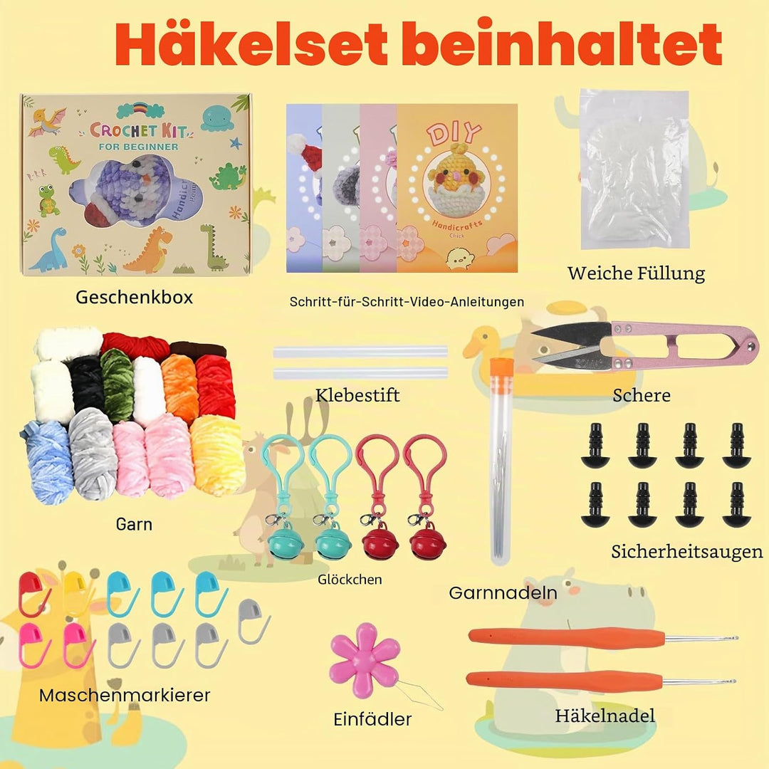 Welhammsae Häkelset für Anfänger, 4 Stück Tier Häckel Kit für Anfänger mit Garn, Häkelnadeln, Füllun