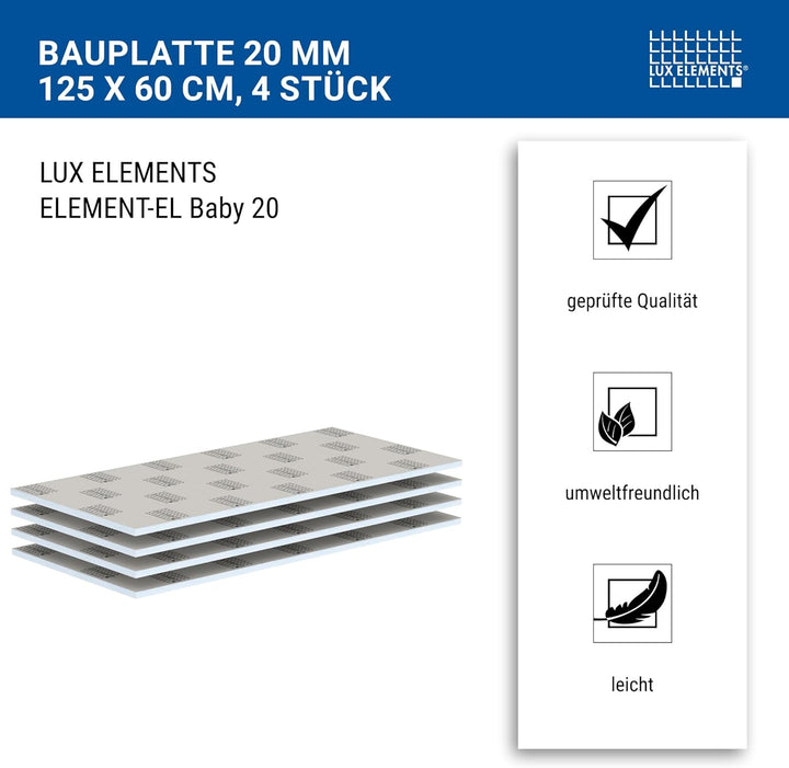 LUX ELEMENTS Bauplatte Fertig zum Verfliesen 125 x 60cm 4 Stk. I Hartschaumplatte 20mm aus expandier