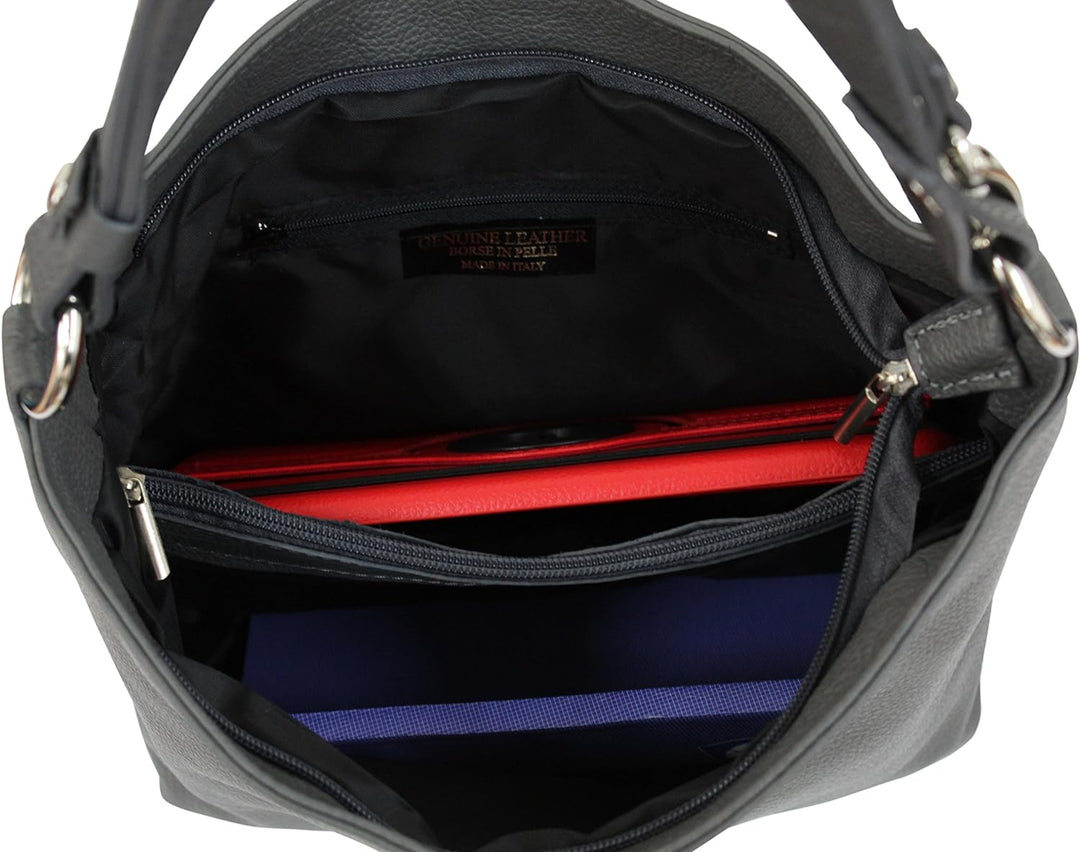 AMBRA Moda Damen Leder Handtasche Schultertasche Umhängetasche Hobo bag GL005 Schwarz Black, Schwarz