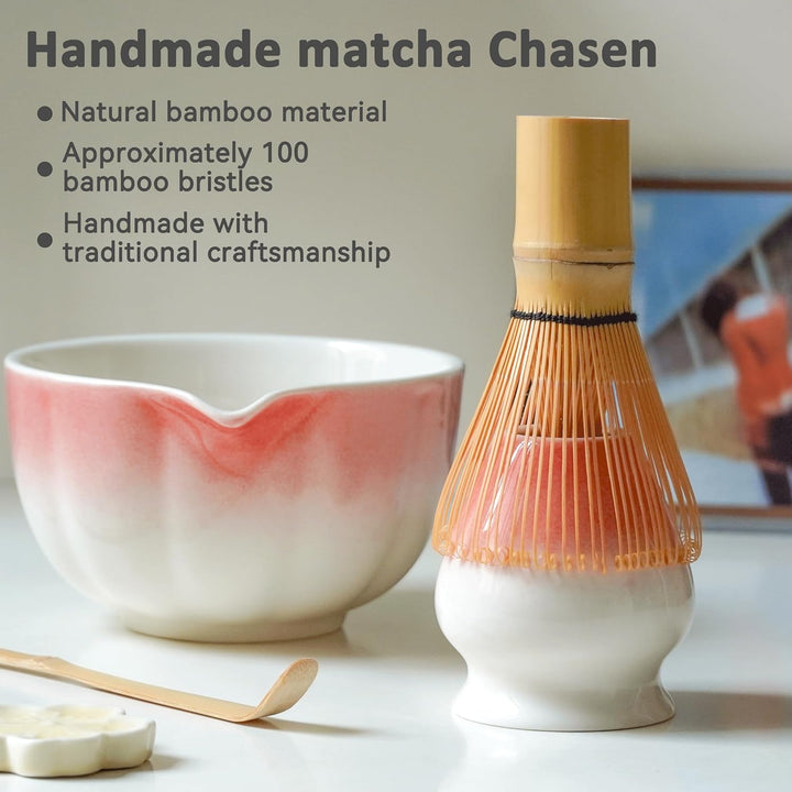 Premium Matcha Set 7-teilig – Exklusives Teezeremonie-Set mit Bambus-Chasen (Besen),Rosa Keramik-Sch