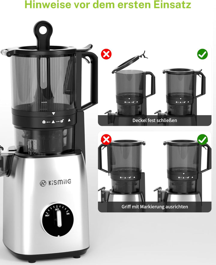 Kismile Entsafter, Slow Juicer mit 135 MM XL-Einfüllschacht, Hohe Saftausbeute für Ganze Gemüse und
