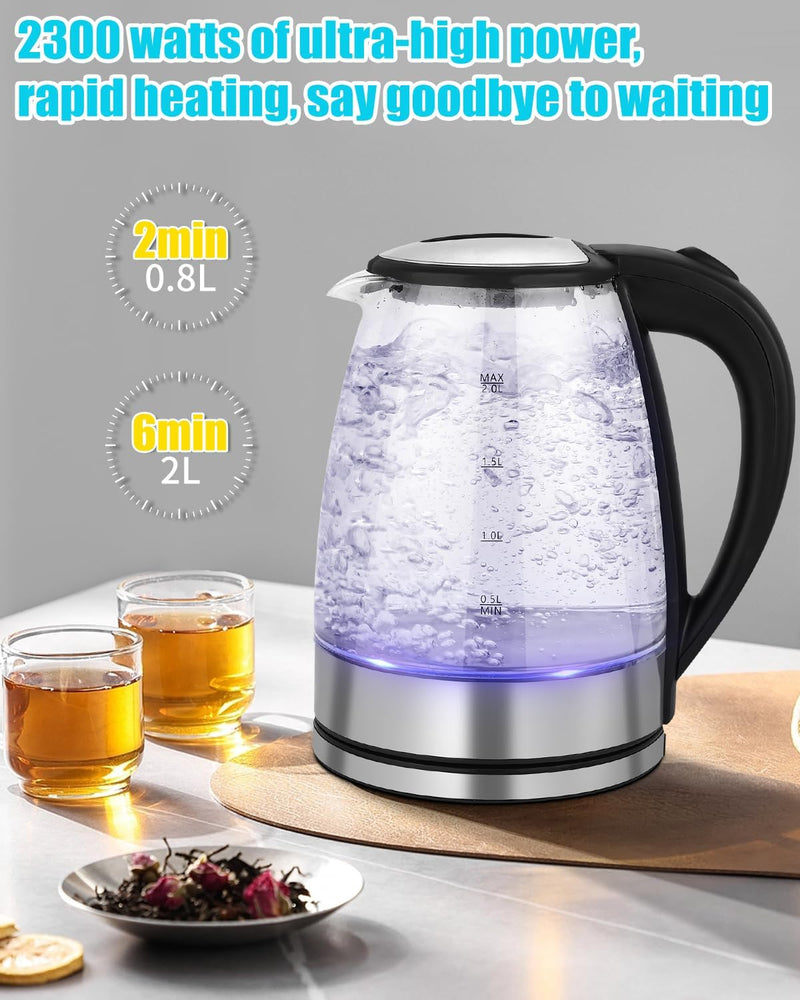 Glas Wasserkocher 2.0 liter,2300w,BPA-frei,blaue LED-Beleuchtung,schnelles Kochen,Trockenaufschutz,3