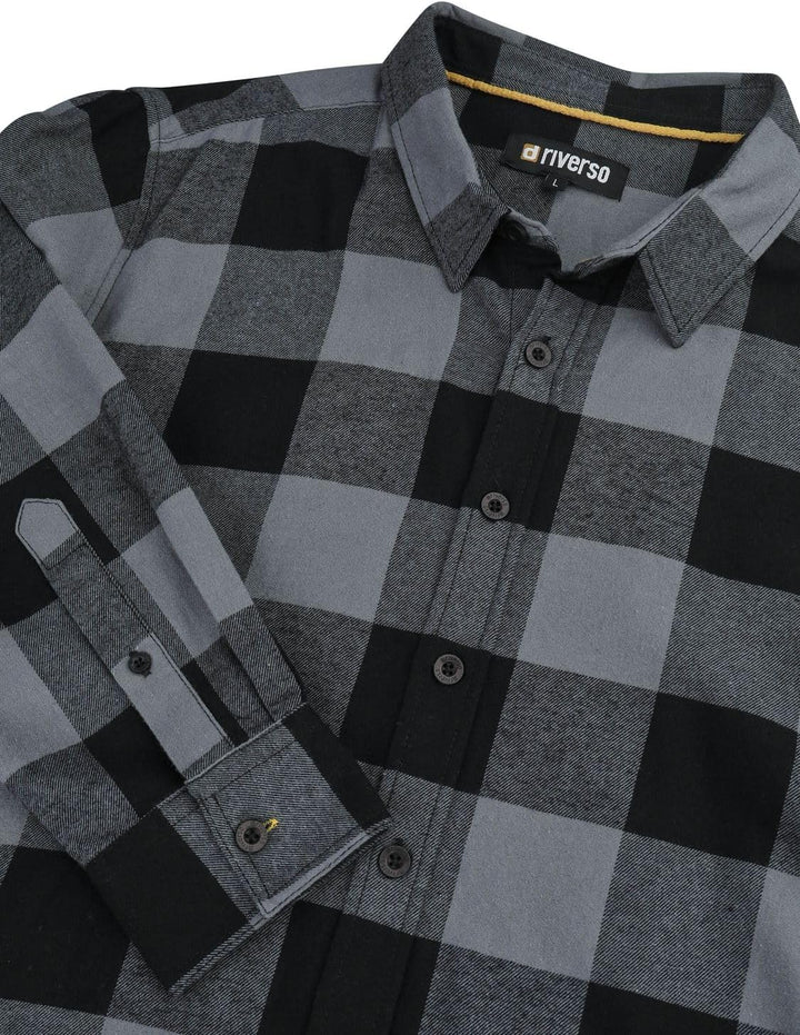 riverso Flanellhemd Herren Langarm Kariert Regular Fit RIVArne Hemd Holzfällerhemd Karohemd 100% Bau